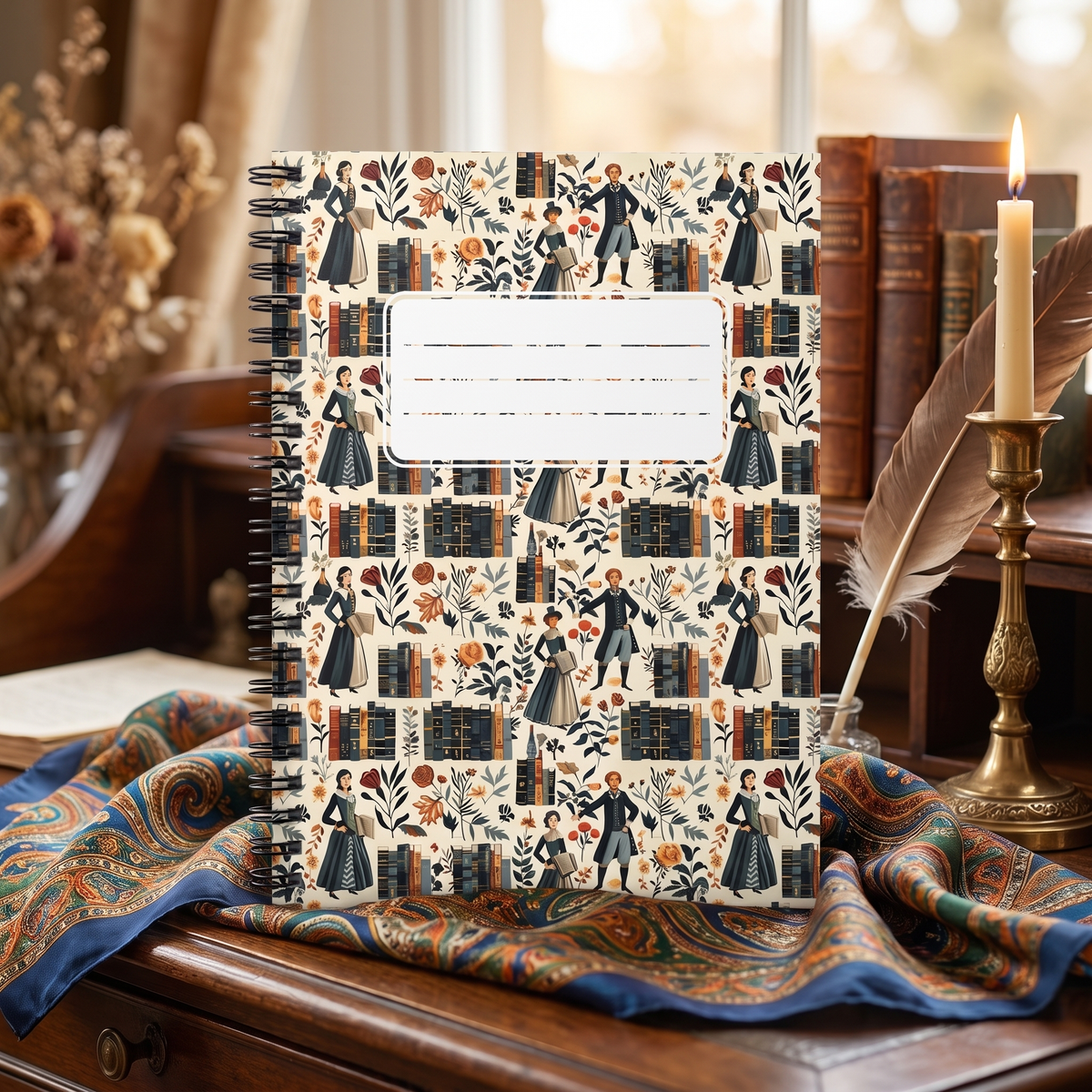 Shakespearean Charm spiral notebook in a styled lifestyle scene — Bliss Road Studios