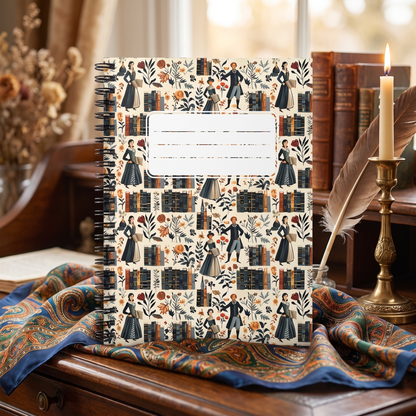 Shakespearean Charm spiral notebook in a styled lifestyle scene — Bliss Road Studios