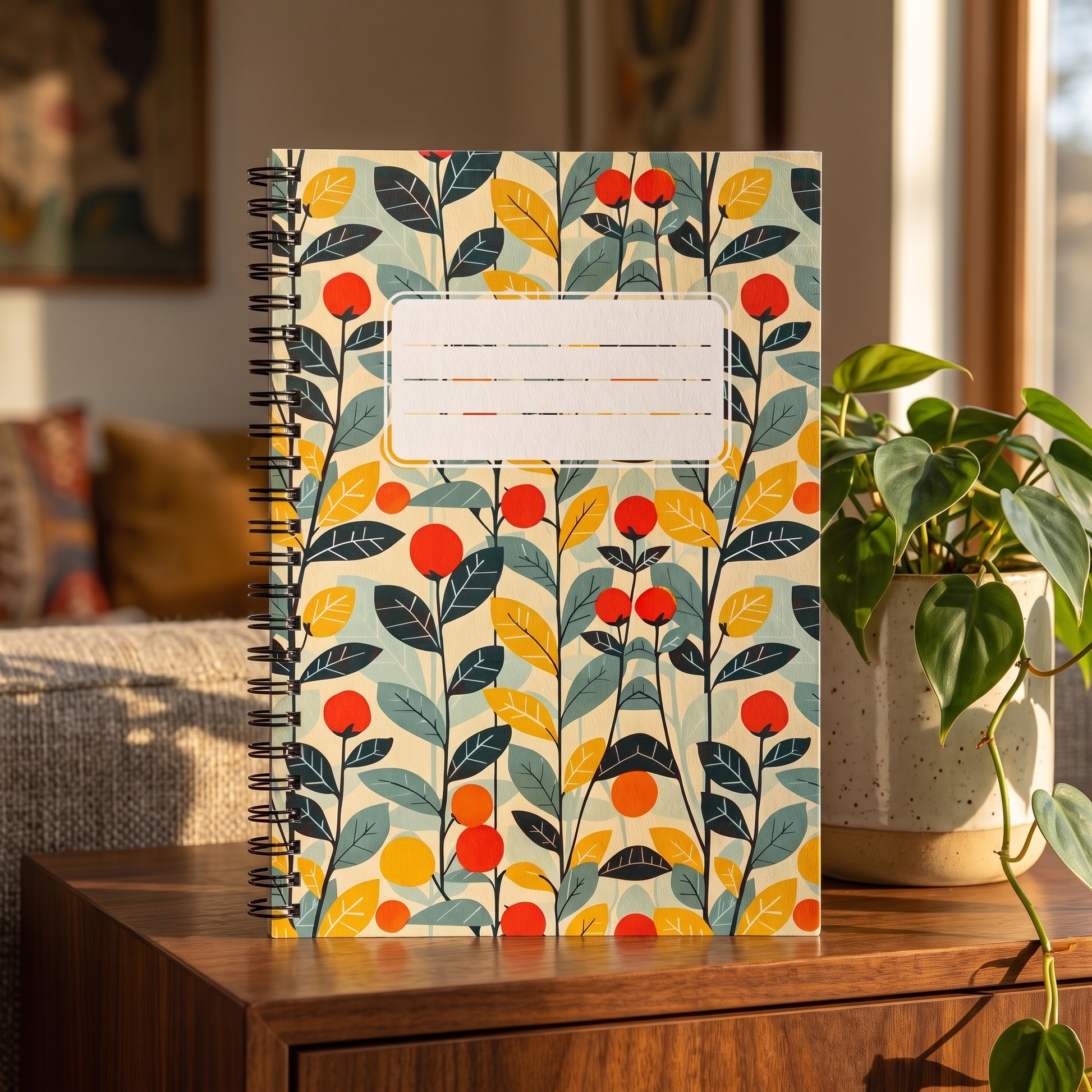 Midcentury Vines spiral notebook in a styled lifestyle scene — Bliss Road Studios