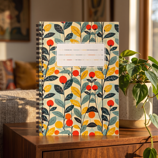 Midcentury Vines spiral notebook in a styled lifestyle scene — Bliss Road Studios