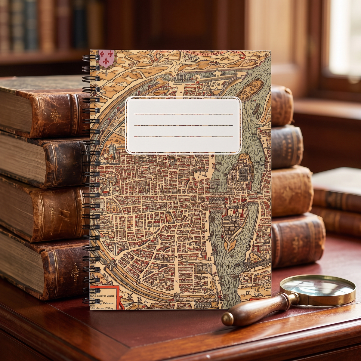 Vintage Old World City Map with Label spiral notebook in a styled lifestyle scene — Bliss Road Studios