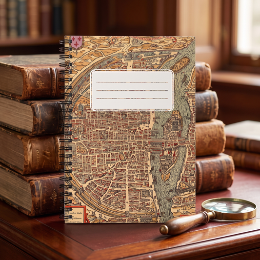 Vintage Old World City Map with Label spiral notebook in a styled lifestyle scene — Bliss Road Studios