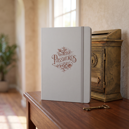 Nostalgic Passwords Hardcover Bound hardcover journal in a styled lifestyle scene — Bliss Road Studios