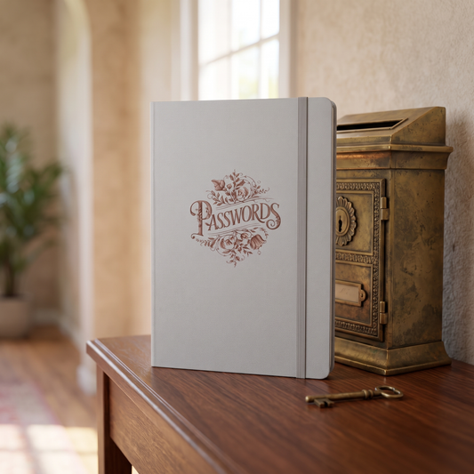 Nostalgic Passwords Hardcover Bound hardcover journal in a styled lifestyle scene — Bliss Road Studios