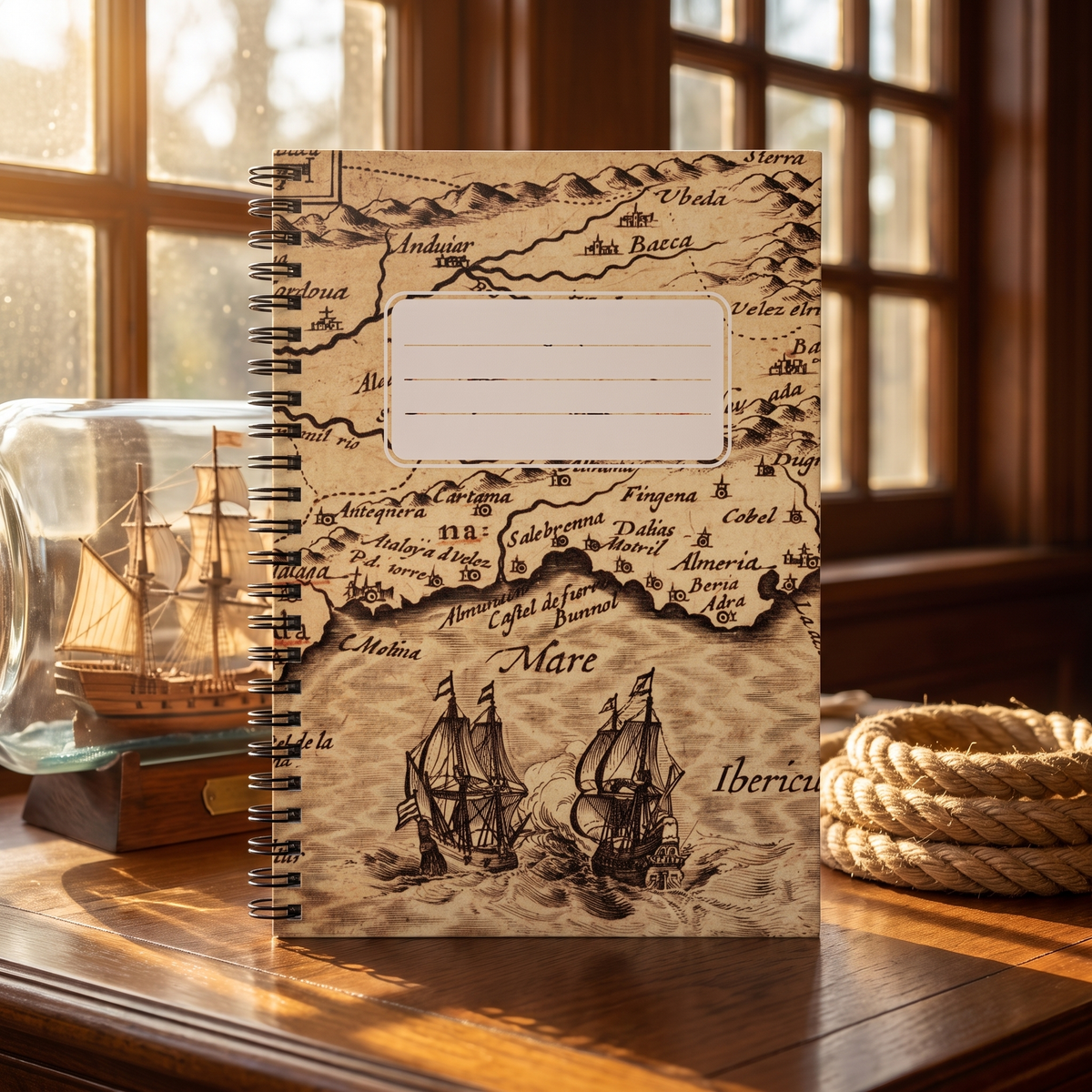 Vintage Seafaring Ships Map spiral notebook in a styled lifestyle scene — Bliss Road Studios