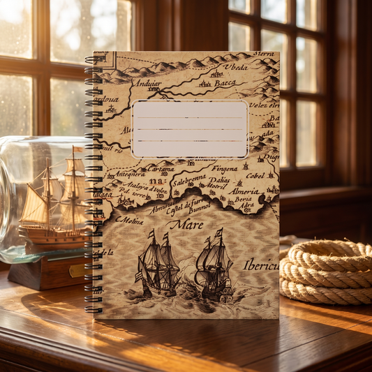 Vintage Seafaring Ships Map spiral notebook in a styled lifestyle scene — Bliss Road Studios