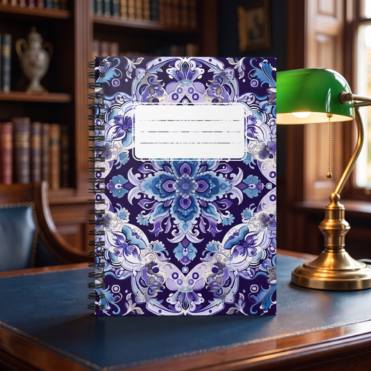 Midnight Mosaic spiral notebook in a styled lifestyle scene — Bliss Road Studios