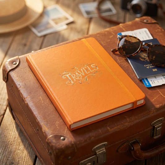 Nostalgic Travels Hardcover Bound hardcover journal in a styled lifestyle scene — Bliss Road Studios