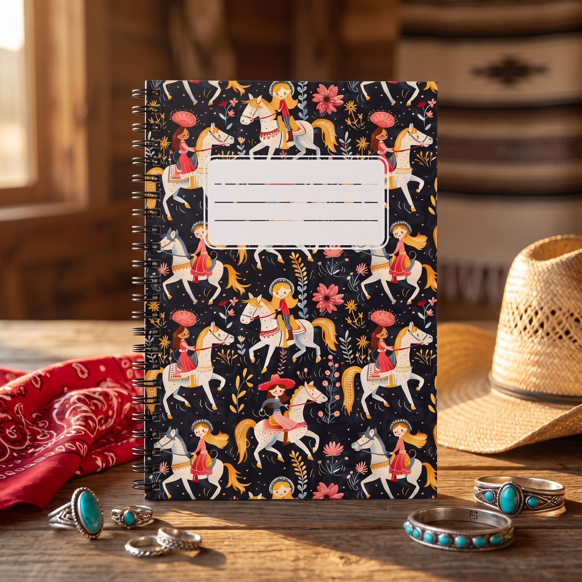 Happy Cowgirl spiral notebook in a styled lifestyle scene — Bliss Road Studios