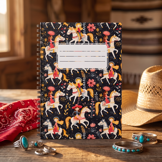 Happy Cowgirl spiral notebook in a styled lifestyle scene — Bliss Road Studios