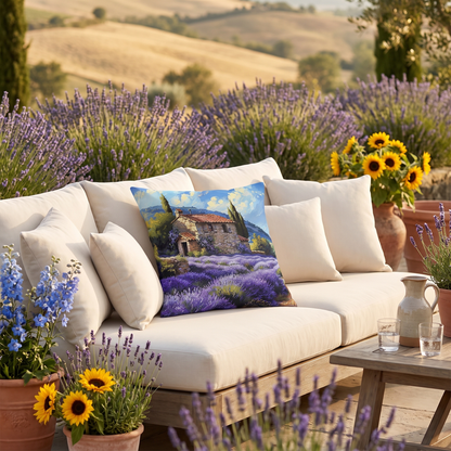 Tuscan Lavender Dreams square outdoor pillow styled in a sunlit outdoor setting