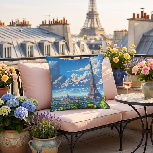 Parisian Eiffel Tower Dreamscape square outdoor pillow styled in a sunlit outdoor setting