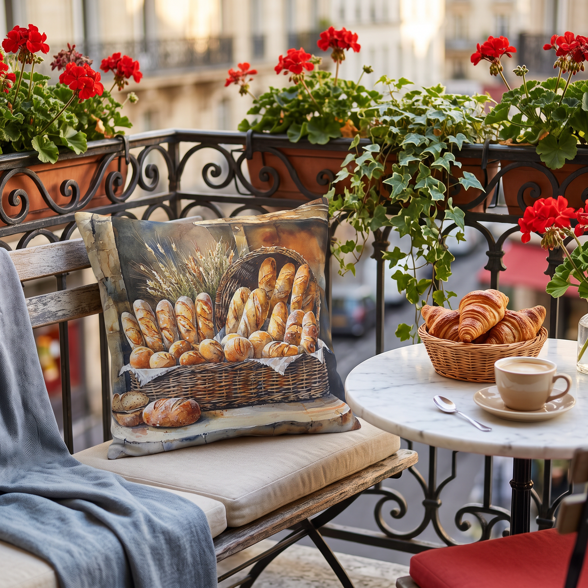 Bakery Bliss square outdoor pillow styled in a sunlit outdoor setting