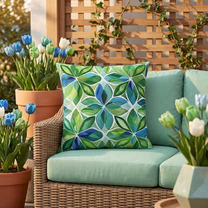 Spring Geo Flowers square outdoor pillow styled in a sunlit outdoor setting