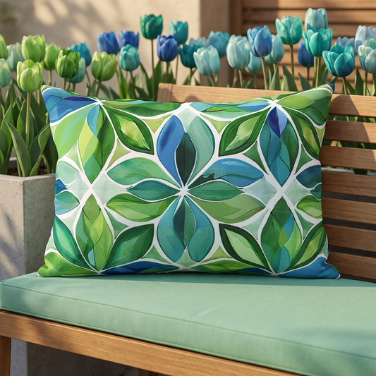 Spring Geo Flowers lumbar outdoor pillow styled in a sunlit outdoor setting