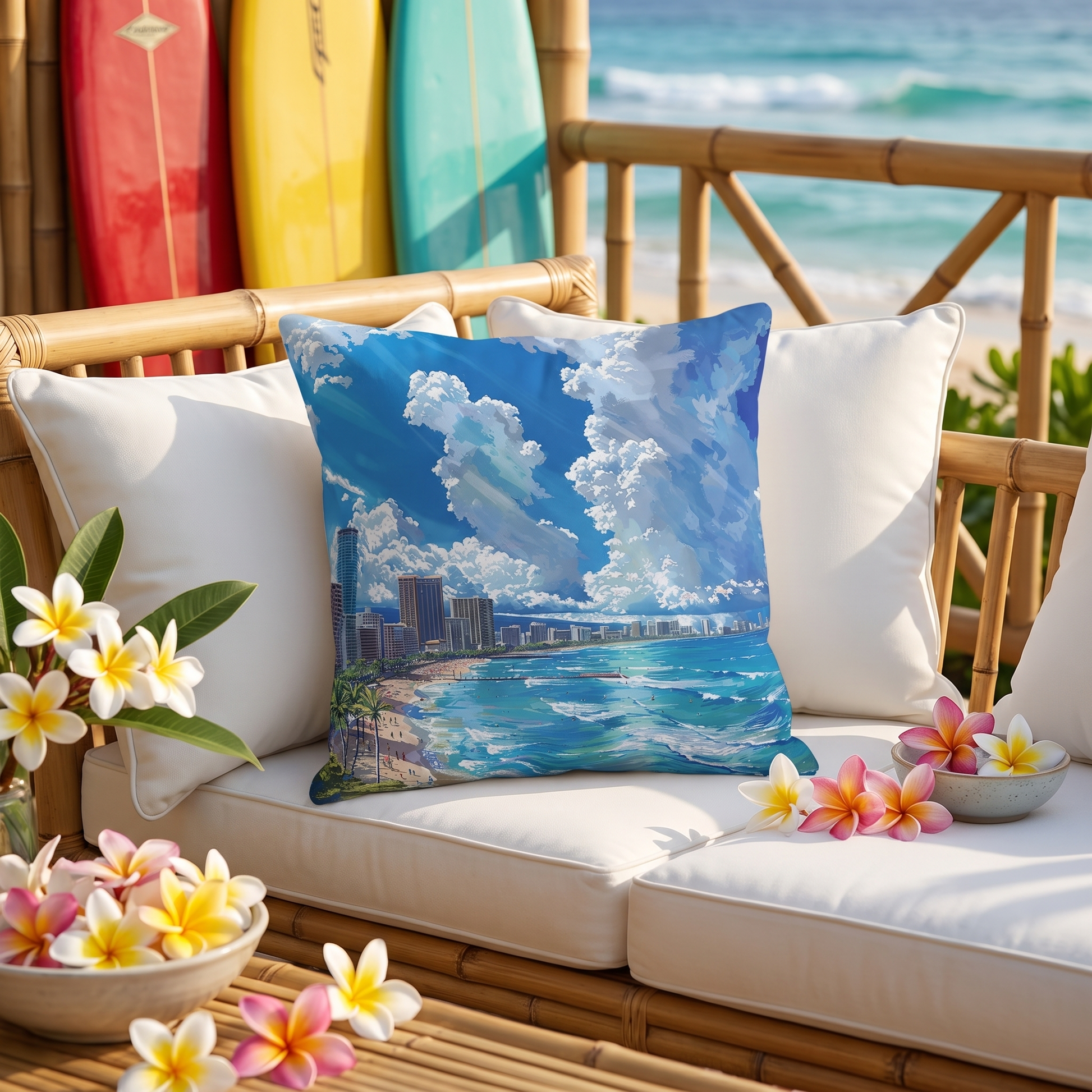 Waikiki Beach square outdoor pillow styled in a sunlit outdoor setting