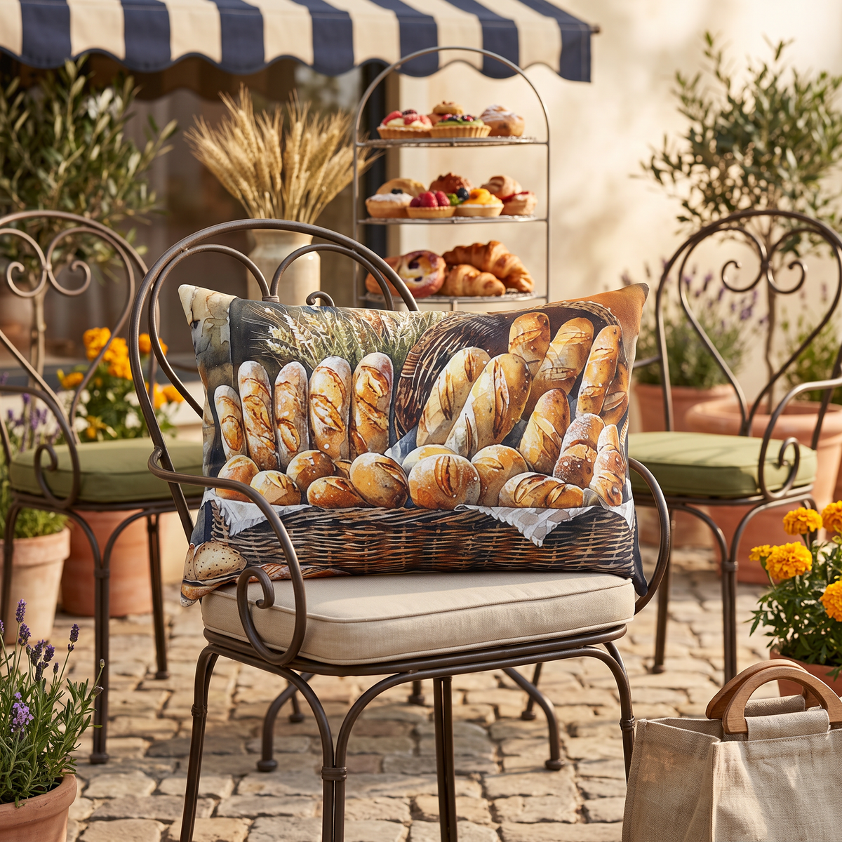 Bakery Bliss lumbar outdoor pillow styled in a sunlit outdoor setting