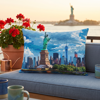 Statue of Liberty lumbar outdoor pillow styled in a sunlit outdoor setting