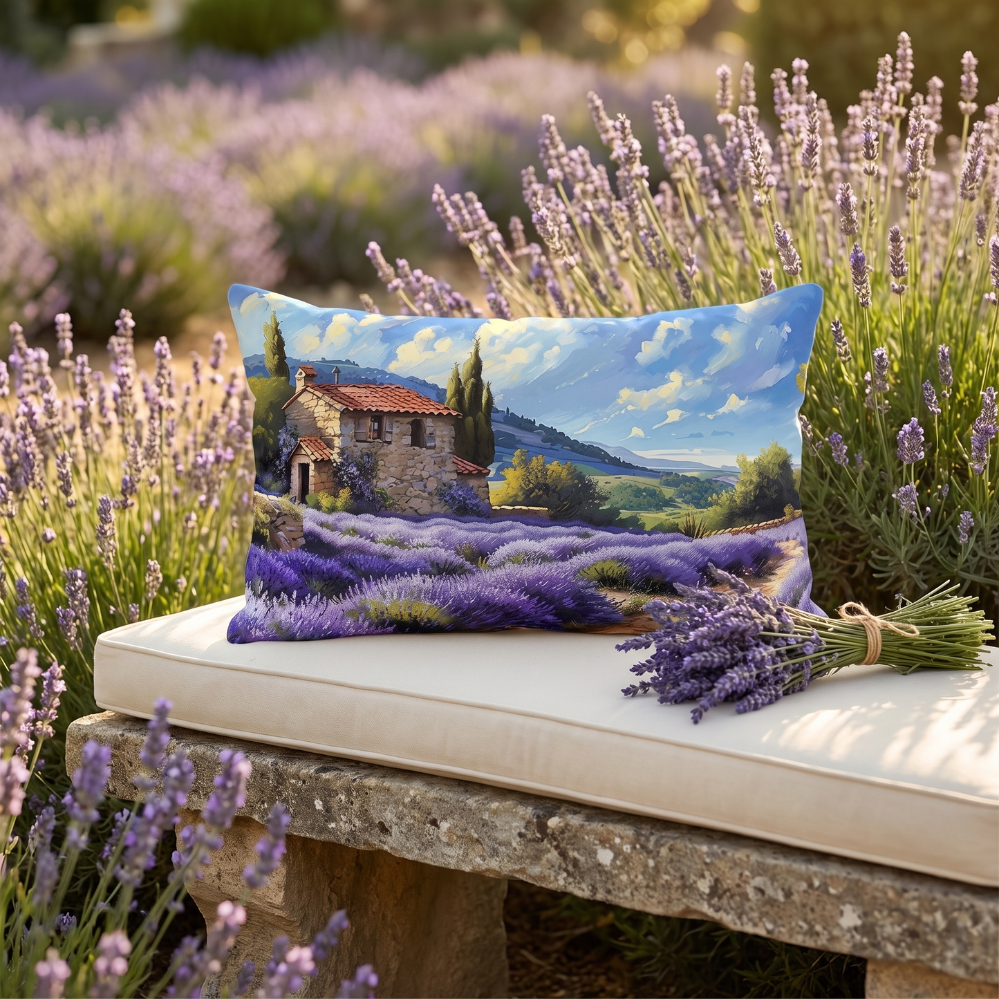 Tuscan Lavender Dreams lumbar outdoor pillow styled in a sunlit outdoor setting
