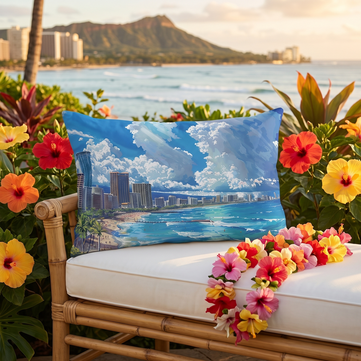 Waikiki Beach Hawaii lumbar outdoor pillow styled in a sunlit outdoor setting
