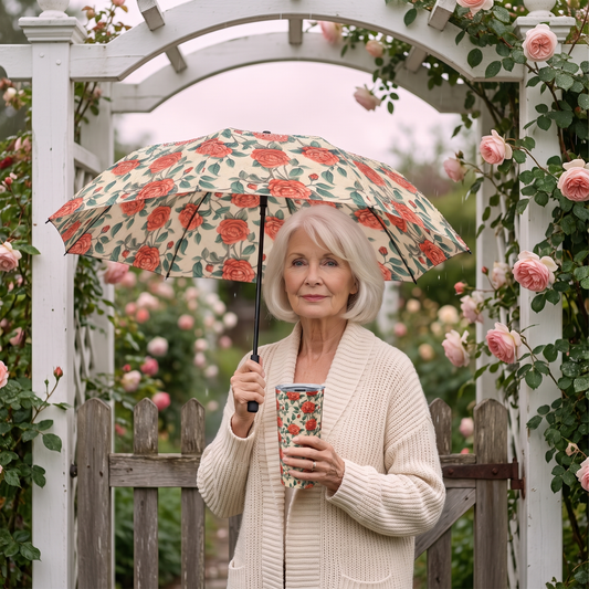 An elegant woman at a rose-garden gate holds the Romantic Rose umbrella and matching travel tumbler at true size