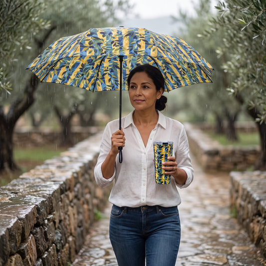 A woman walking an olive-grove path holds the Olive Orchard Stripes umbrella and matching travel tumbler at true size