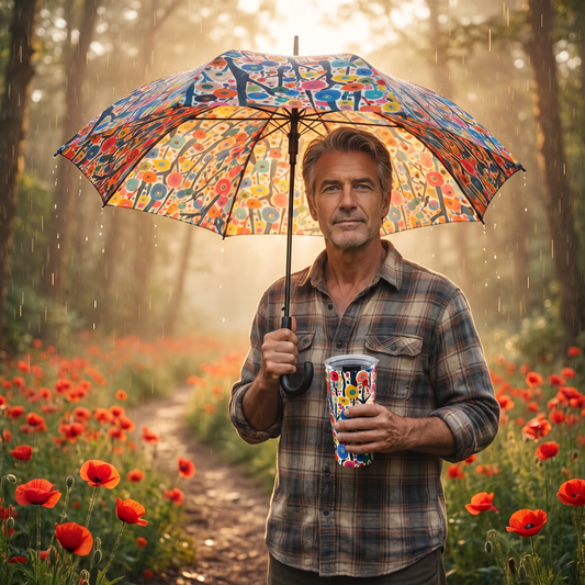 A man in flannel on a poppy-lined forest trail holds the Poppy Forest umbrella and matching travel tumbler at true size
