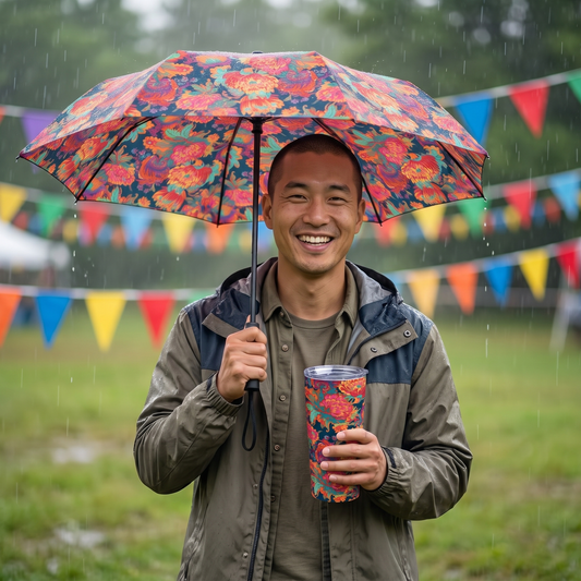 A smiling man at a festival field holds the Psychedelic Flower Power umbrella and matching travel tumbler at true size