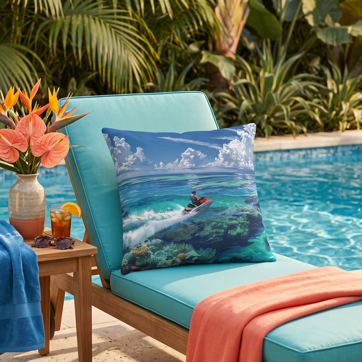 Jet Ski Tropical Paradise square outdoor pillow styled in a sunlit outdoor setting