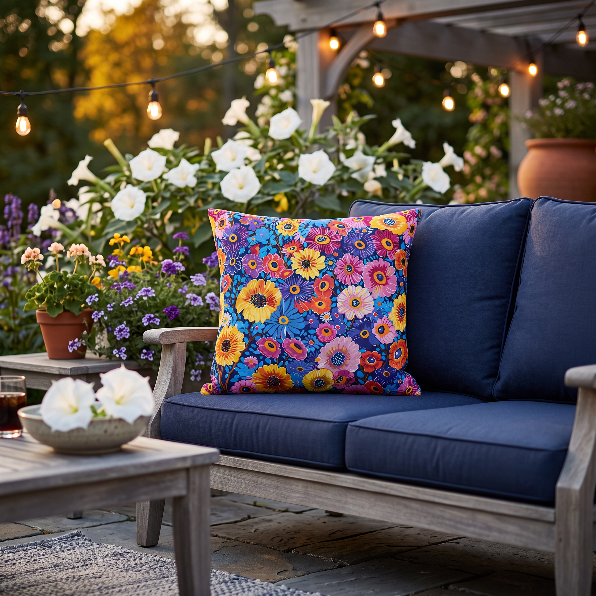 Midnight Garden Whimsy square outdoor pillow styled in a sunlit outdoor setting