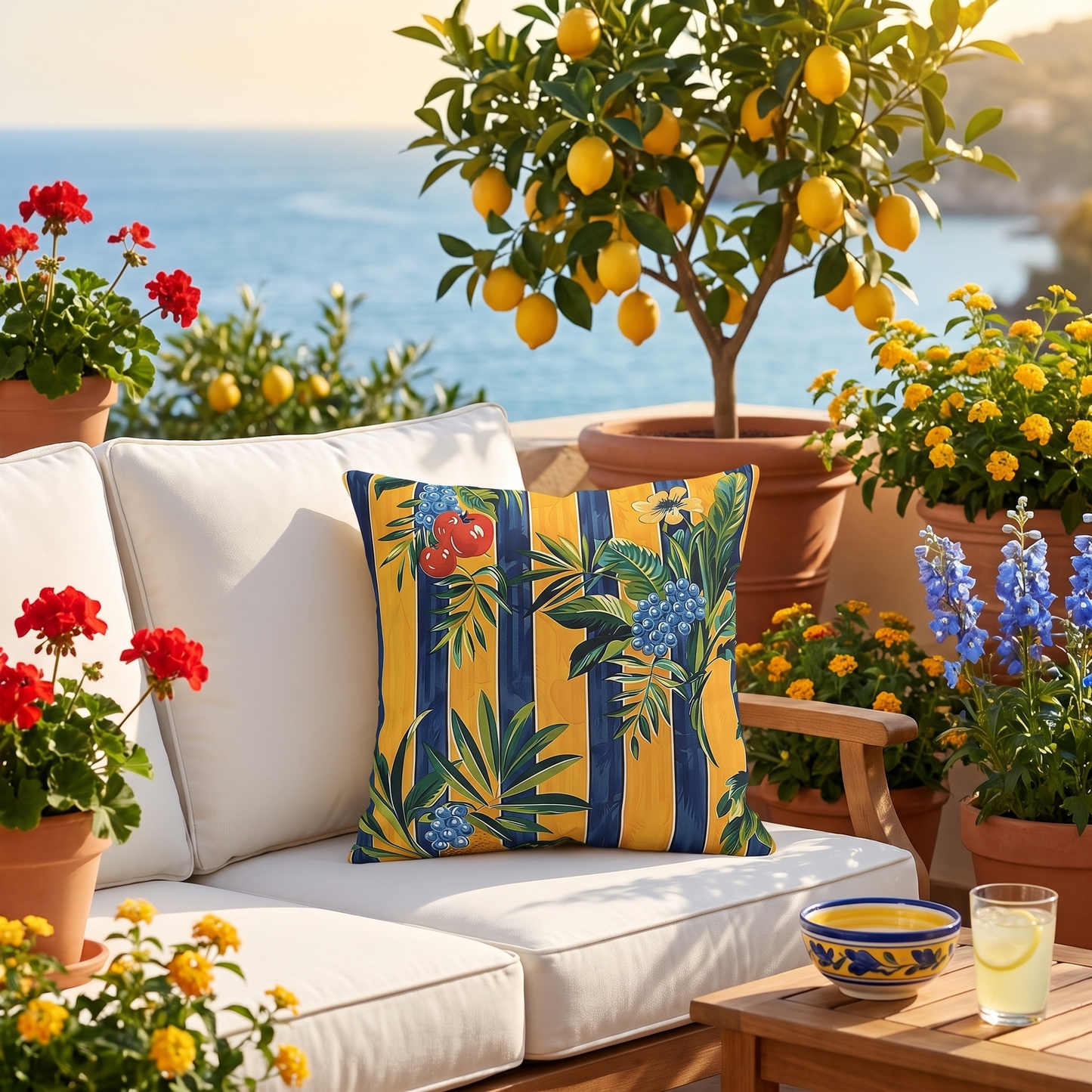 Riviera Fruitscape square outdoor pillow styled in a sunlit outdoor setting