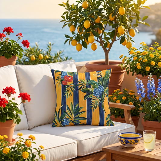 Riviera Fruitscape square outdoor pillow styled in a sunlit outdoor setting
