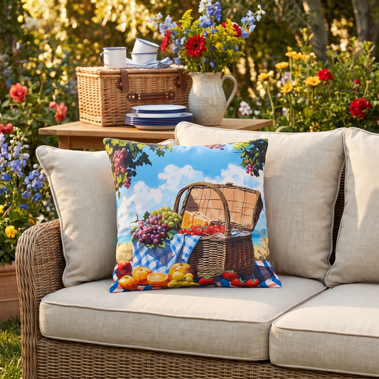 Picnic Perfection square outdoor pillow styled in a sunlit outdoor setting