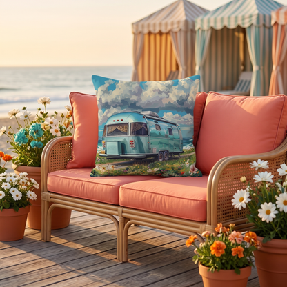 Retro Beach Bliss square outdoor pillow styled in a sunlit outdoor setting
