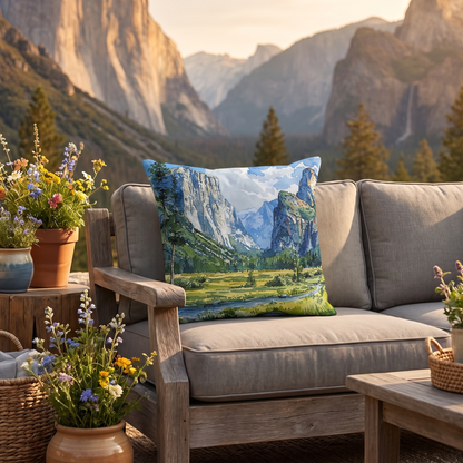 Yosemite Valley Vista square outdoor pillow styled in a sunlit outdoor setting