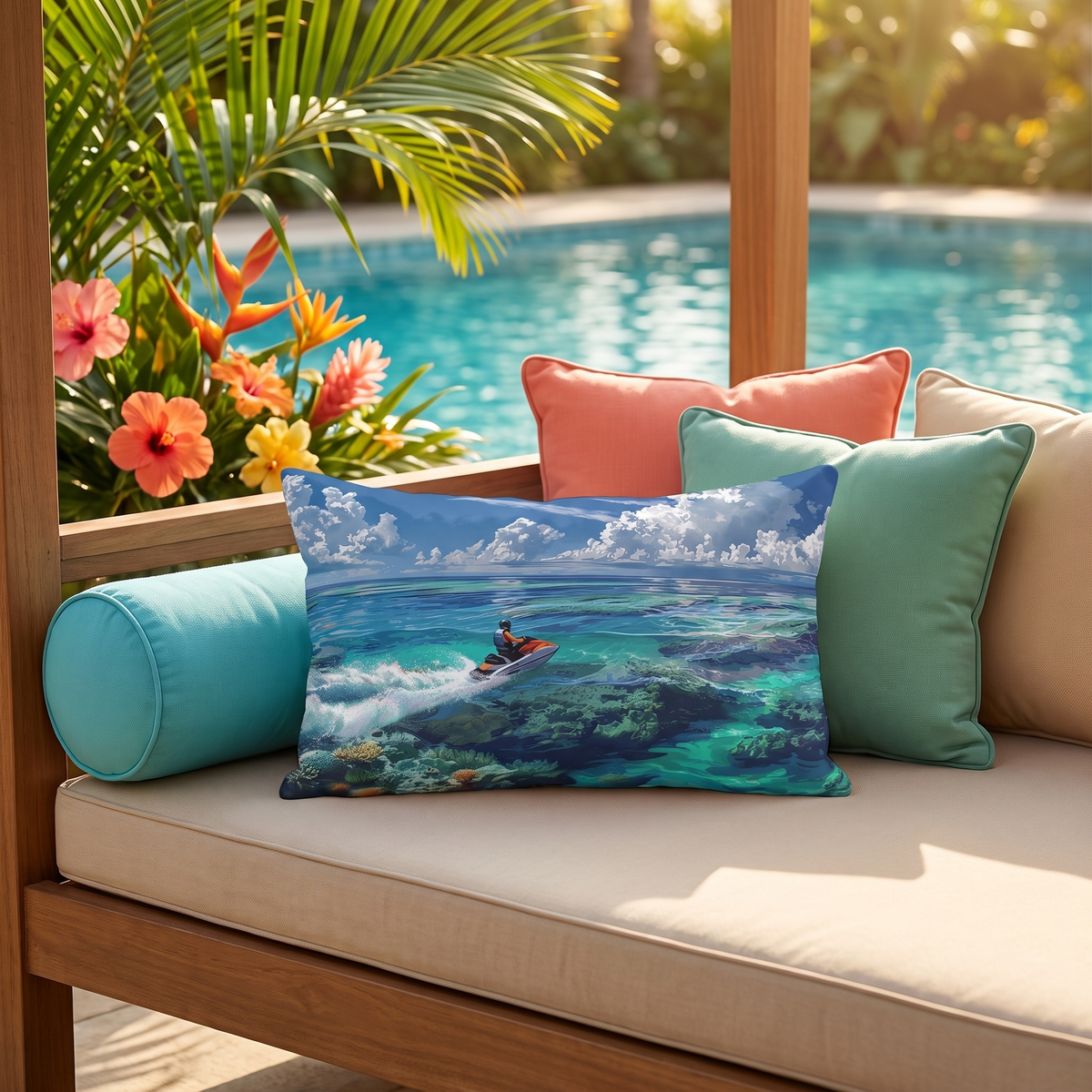 Jet Ski Tropical Paradise lumbar outdoor pillow styled in a sunlit outdoor setting