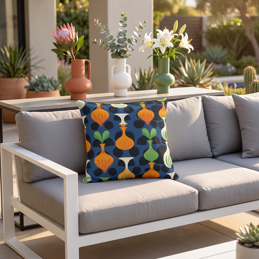 Mod Floating Vases square outdoor pillow styled in a sunlit outdoor setting