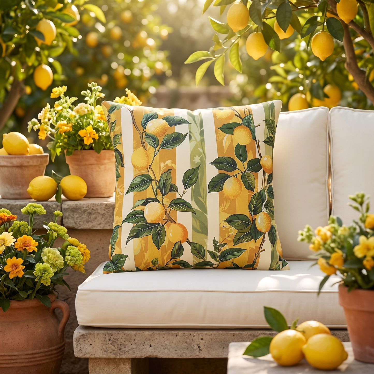 Lemon Grove Elegance square outdoor pillow styled in a sunlit outdoor setting