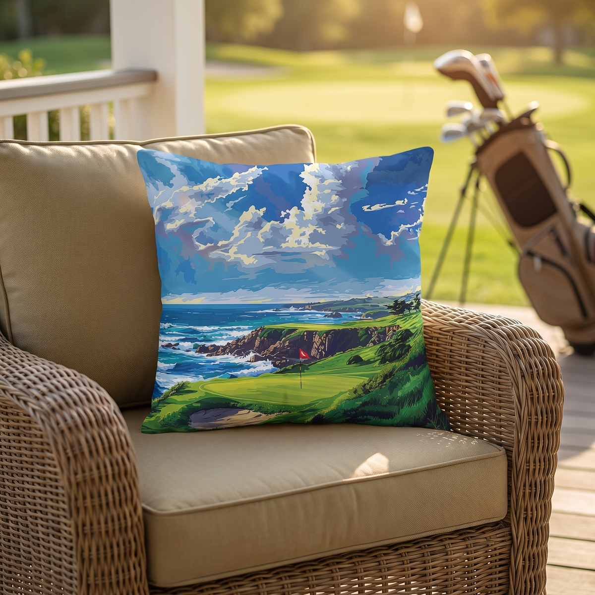 Coastal Tee Time square outdoor pillow styled in a sunlit outdoor setting