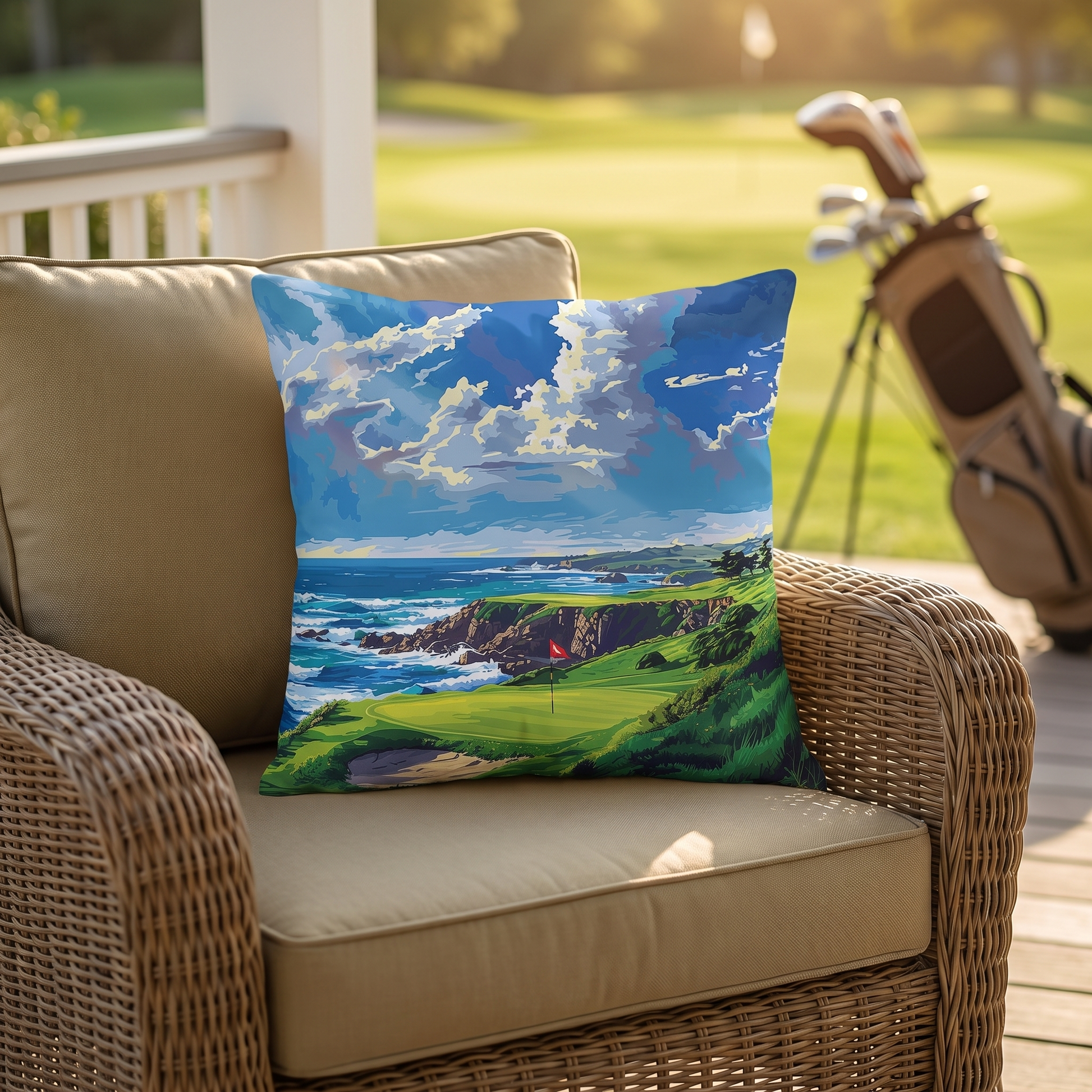 Coastal Tee Time square outdoor pillow styled in a sunlit outdoor setting