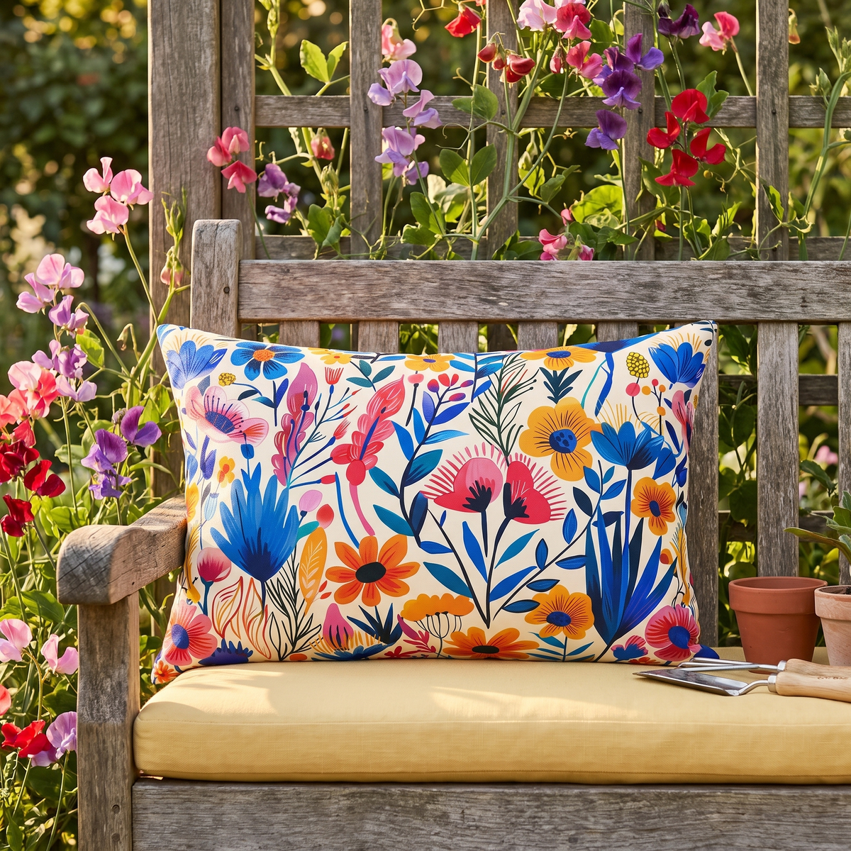 Happy Heartfelt Blooms lumbar outdoor pillow styled in a sunlit outdoor setting