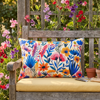 Happy Heartfelt Blooms lumbar outdoor pillow styled in a sunlit outdoor setting