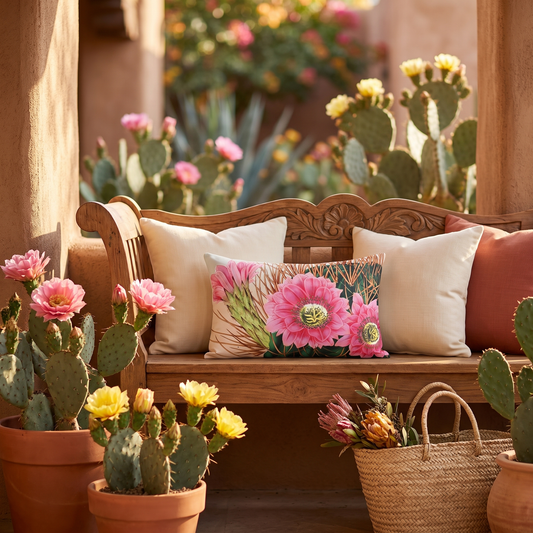 Blooming Cactus lumbar outdoor pillow styled in a sunlit outdoor setting
