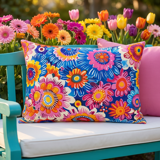 Crayon Blossom Whimsy lumbar outdoor pillow styled in a sunlit outdoor setting