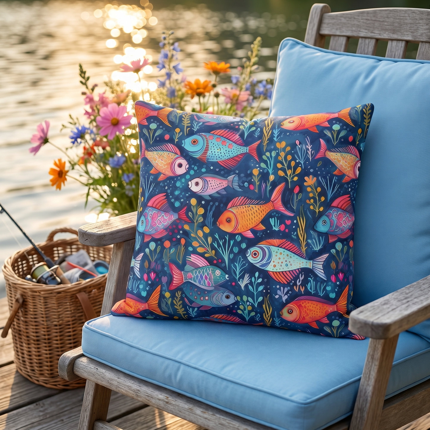 Fun Fish square outdoor pillow styled in a sunlit outdoor setting