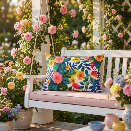 Blossom Bliss lumbar outdoor pillow styled in a sunlit outdoor setting