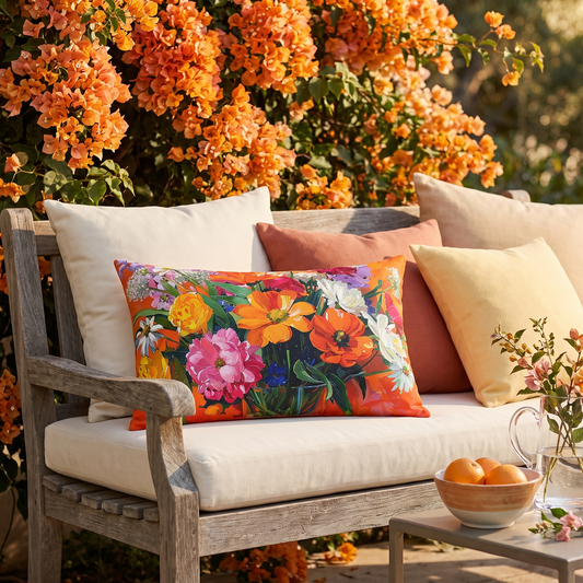Blossoms on Orange lumbar outdoor pillow styled in a sunlit outdoor setting