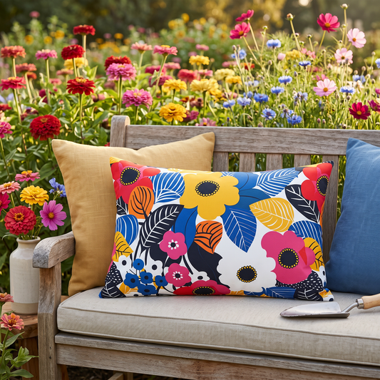 Blossom Burst lumbar outdoor pillow styled in a sunlit outdoor setting