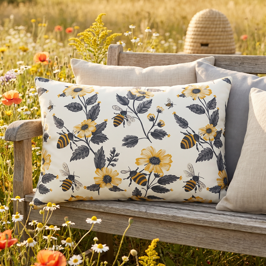 Buzzing Blossoms lumbar outdoor pillow styled in a sunlit outdoor setting