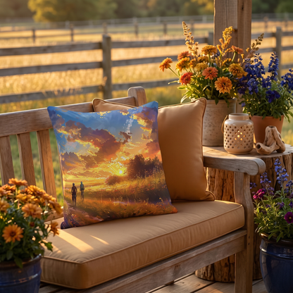Golden Sunset Ride square outdoor pillow styled in a sunlit outdoor setting